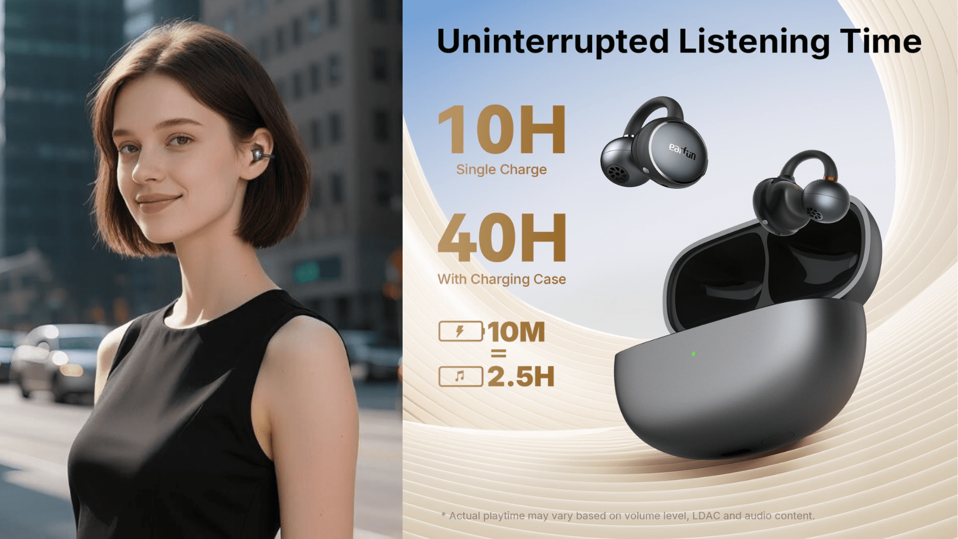 EarFun Clip Open Ear Earbuds, Wireless Clip On Headphones