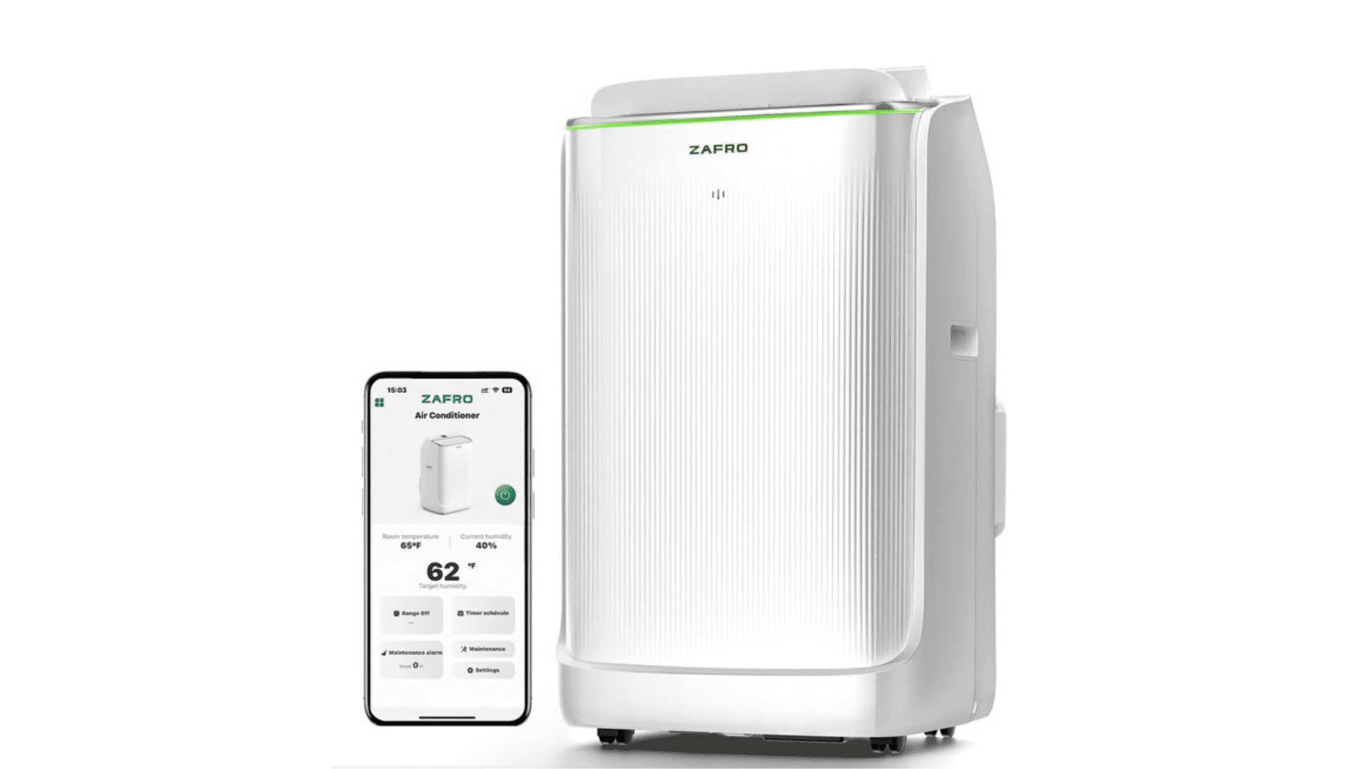 Zafro’s ultra-quiet portable air conditioner with smart app control—adjust settings, fan speed, and temperature remotely via the Zafro app.