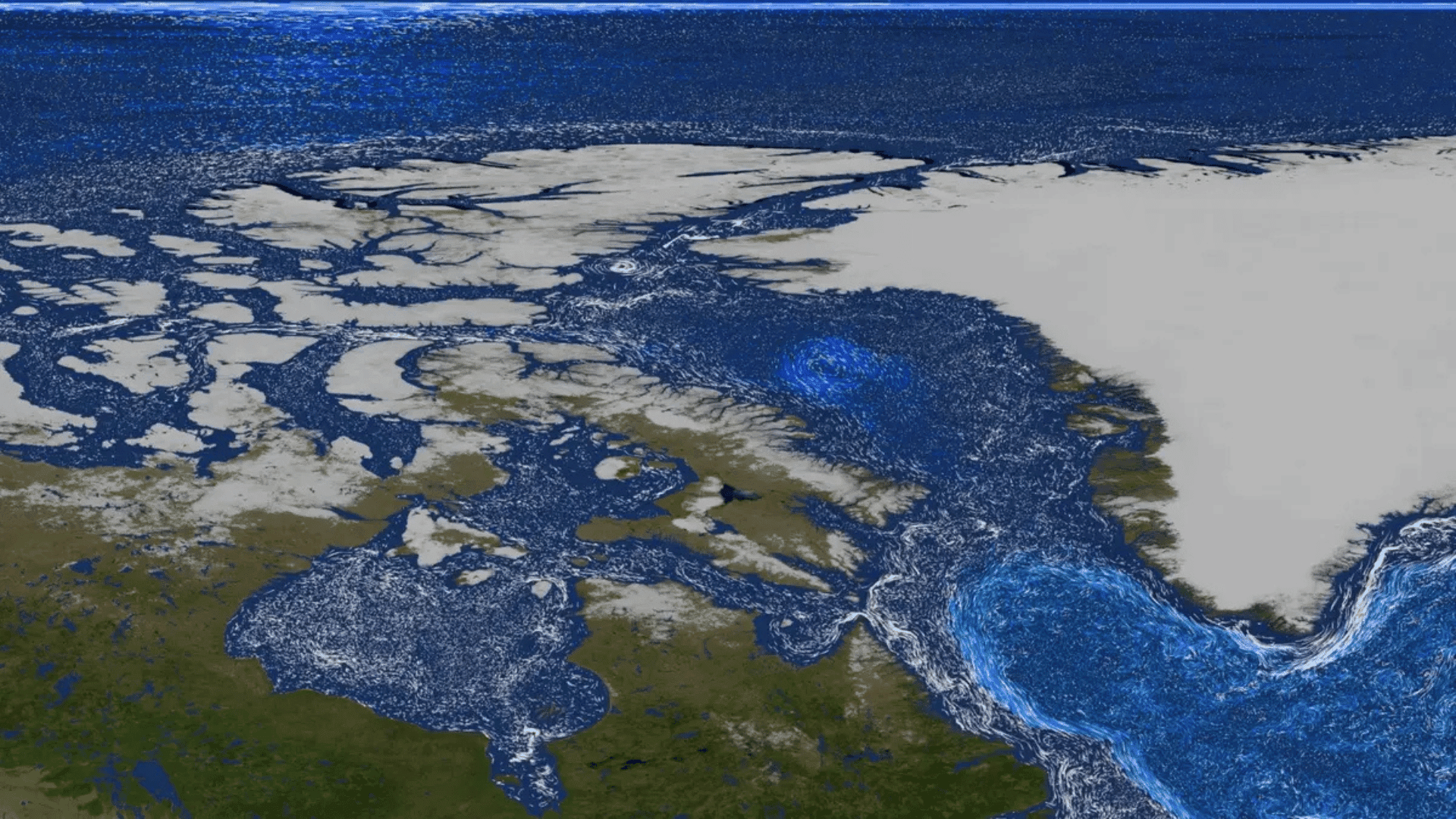 Ocean currents swirl around North America (center left) and Greenland (upper right) in this data visualization created using NASA’s ECCO model; Photo: NASA’s Scientific Visualization Studio