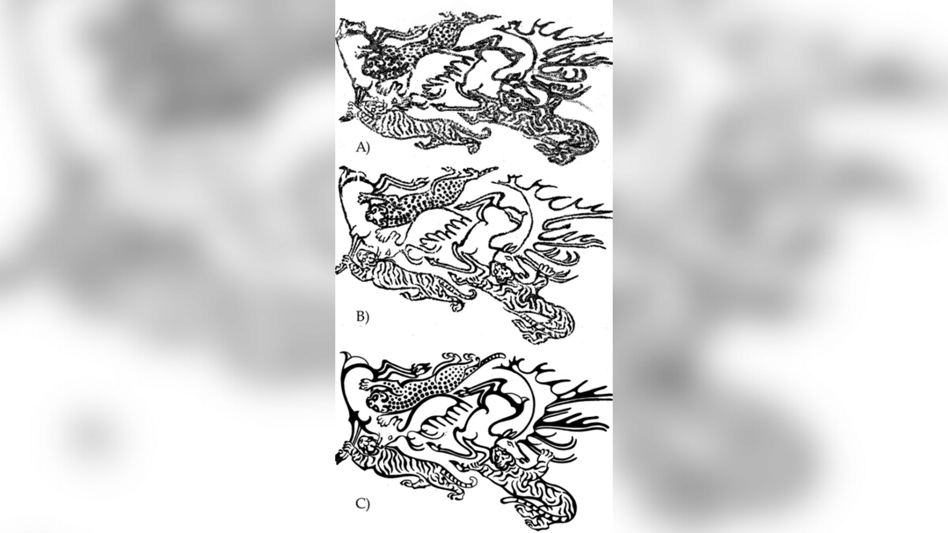 The current state of the right forearm tattoo (A); it's likely original state correcting for dessication (B); and an idealised drawing of the same picture (C)