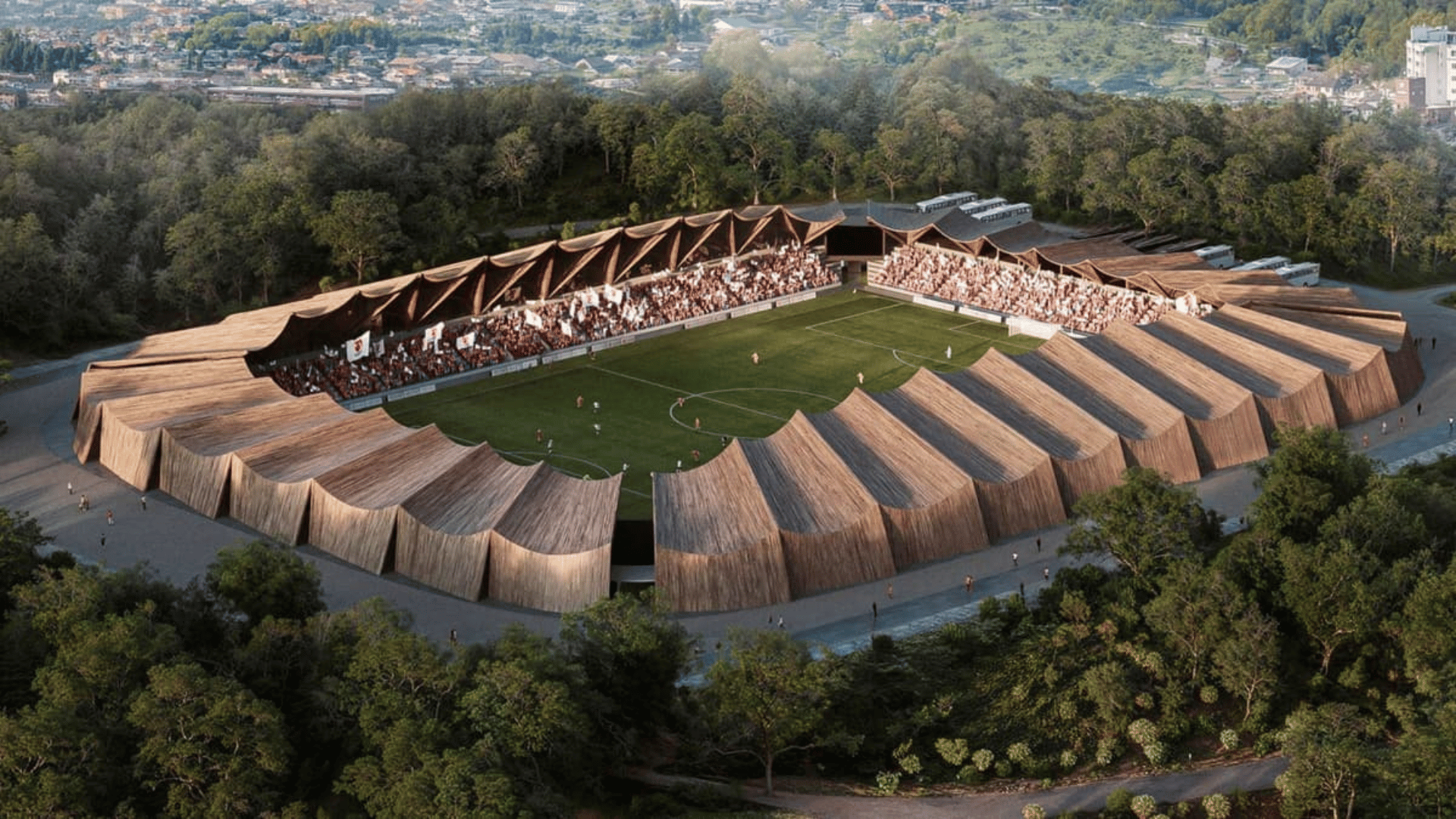 The stadium is the nation's first circular timber stadium. Fukushima United FC