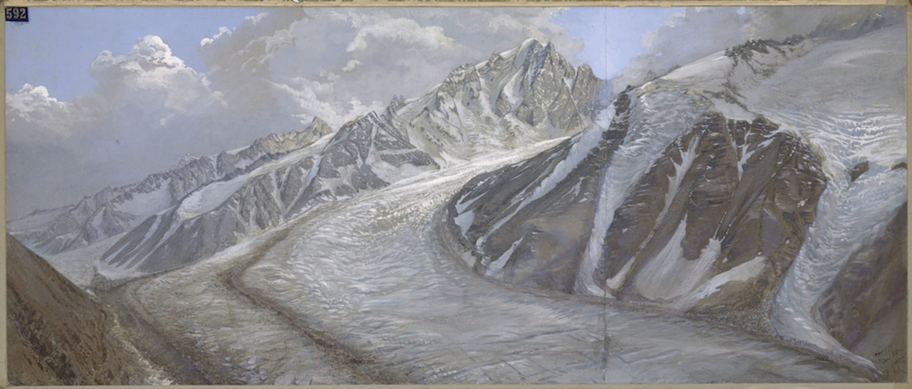 Eugène-Emmanuel Viollet-le-Duc, Glacier du Bois from Above Chamonix, with the Aiguilles du Dru and Verte Above (Restored to the Ice Age), 1874.