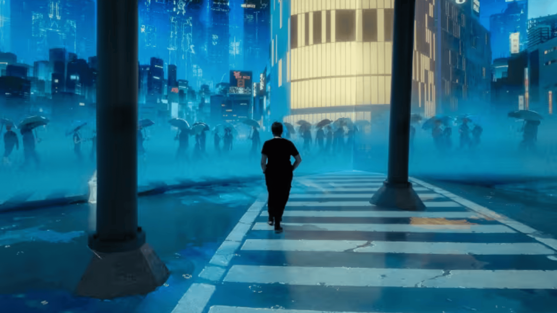 person walking through digital art exhibit person walking through digital art exhibit