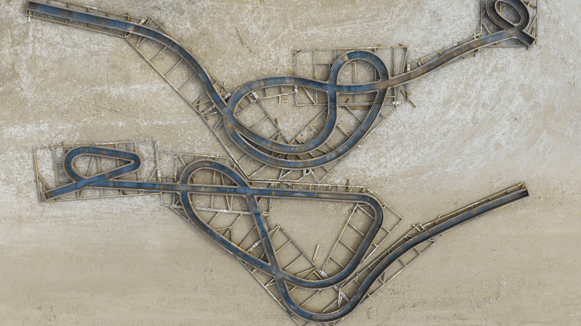 Vertical view of Michael Heizer’s Convoluted Line A and Convoluted Line B (both 2024) prior to installation