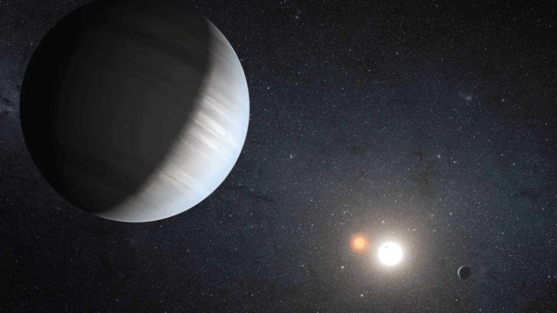 An artist's impression of two circumbinary planets orbiting a binary star system. Credit: NASA : JPL-Caltech : T. Pyle