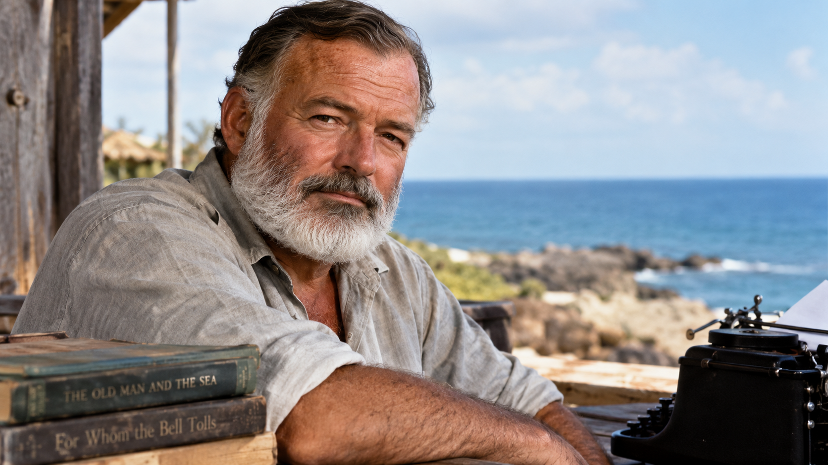 Hemingway by the Sea with Typewriter